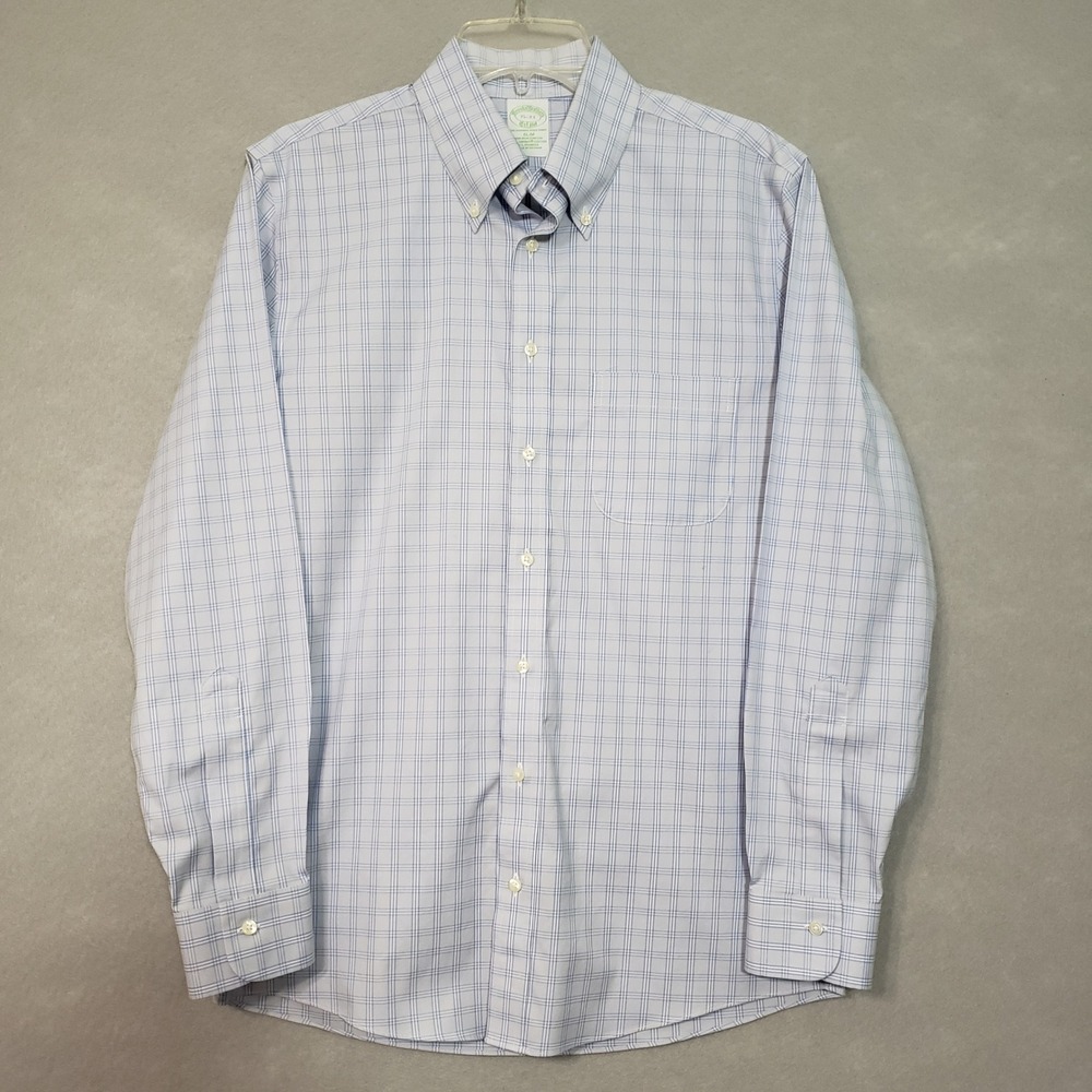 Brooks Brothers Mens 15-33 Slim Button Down Shirt Blue Plaid Non-Iron Stretch
